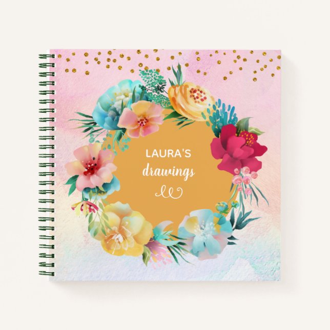 Lovely Watercolor Floral Frame Girly Notebook (Front)