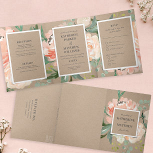 Lovely Watercolor Floral Kraft All-In-One Wedding Tri-Fold Invitation
