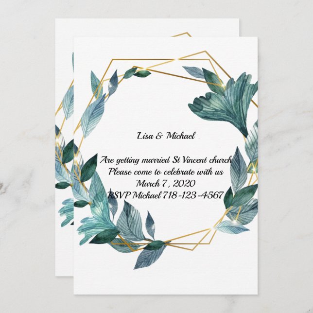 Lovely Watercolor Framed Leaves Wedding Invitation (Front/Back)
