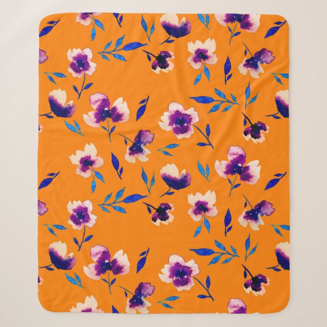 Lovely  watercolor peony poppy violet flowers and  sherpa blanket (Front)