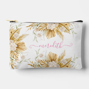 Lovely Watercolor Pink Boho Pampas Grass Name  Accessory Pouch