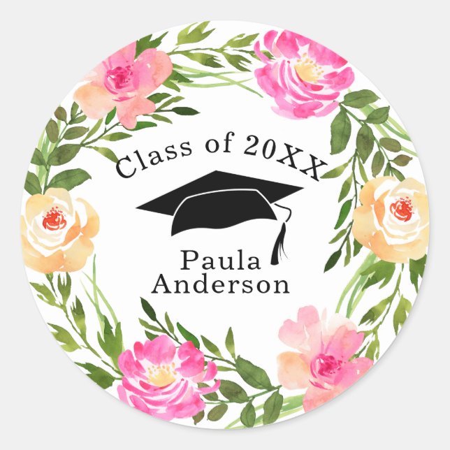 Lovely Watercolor Wreath Graduation Classic Round Sticker (Front)