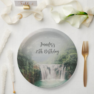 Lovely Waterfall in a Mountain Forest Birthday Paper Plate