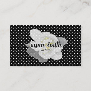 Lovely White Gardenia Flower Black White Polka Dot Business Card