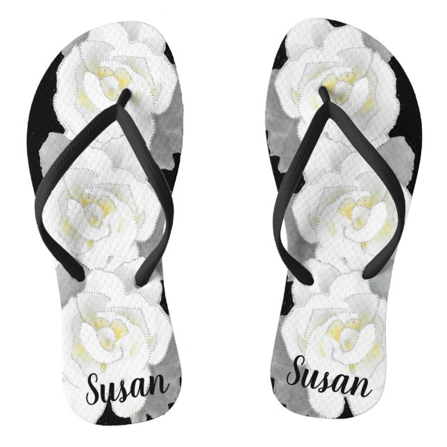 Lovely White Gardenia Flower on Black Flip Flops (Footbed)