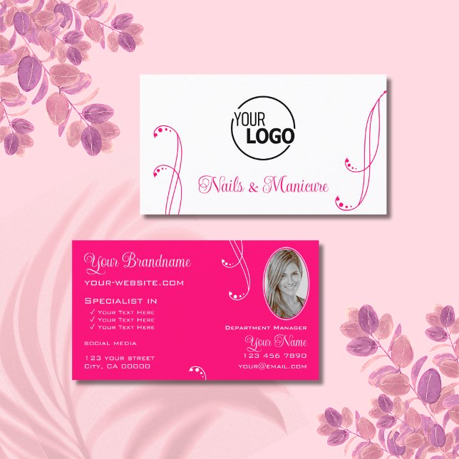 Lovely White Pink Chic Ornate with Logo and Photo Business Card (Creator Uploaded)
