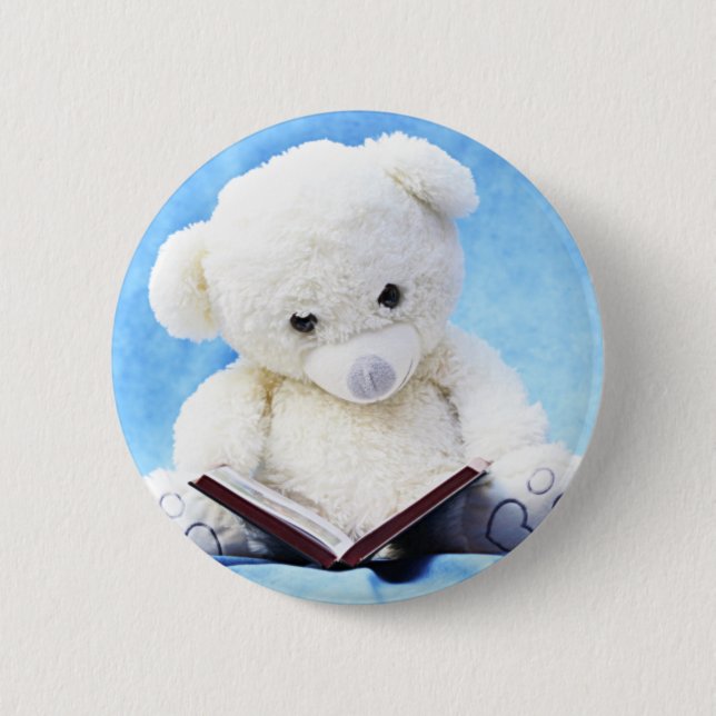 Lovely White Teddy Bear Read Book 2 Inch Round Button (Front)