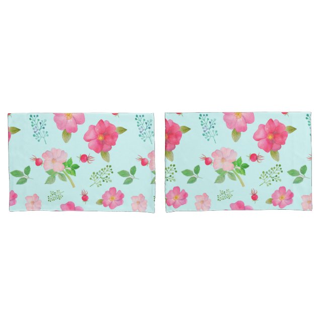 Lovely Wild Roses and Rose Hips Watercolor Pattern Pillowcase (Front-Set)