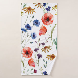 Lovely wildflowers, watercolor, poppy, cornflower, bath towel