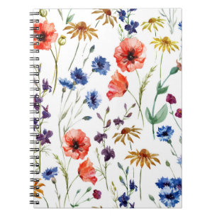 Lovely wildflowers, watercolor, poppy, cornflower, notebook