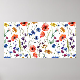 Lovely wildflowers, watercolor, poppy, cornflower, poster