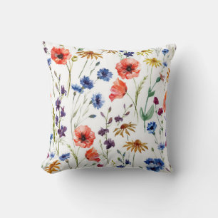 Lovely wildflowers, watercolor, poppy, cornflower, throw pillow