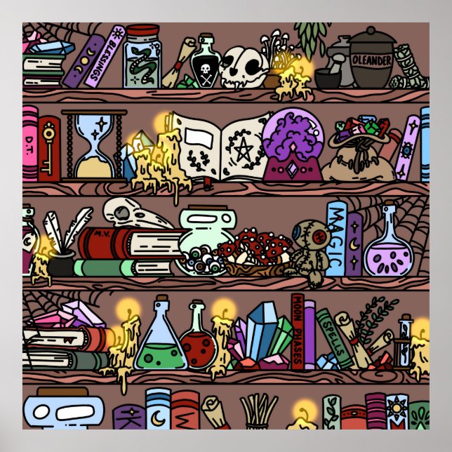 Lovely Witch Bookshelf with Cozy Clutter Poster (Front)
