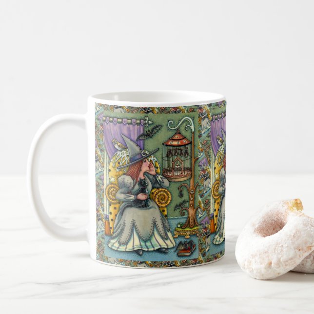 LOVELY WITCH, CAT & HER PETS, BAT CAGE, HALLOWEEN COFFEE MUG (With Donut)