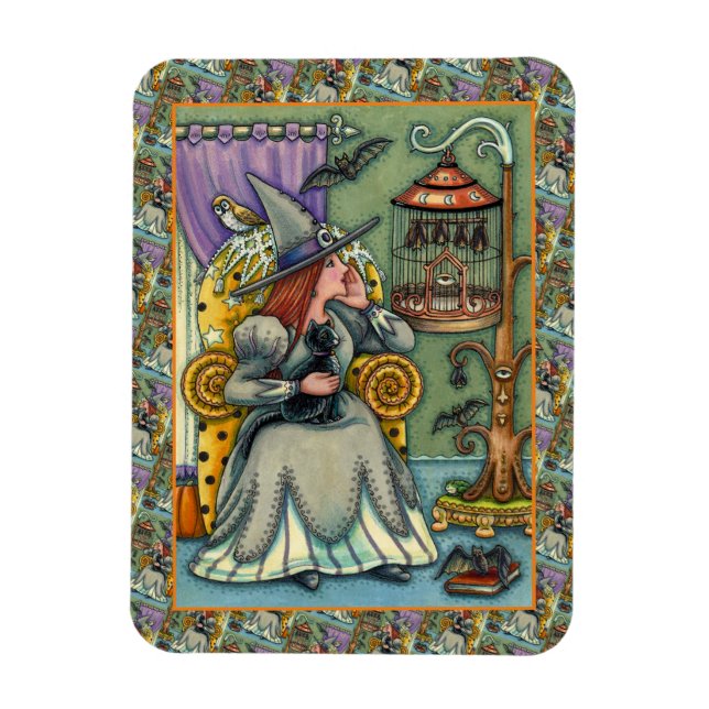 LOVELY WITCH, CAT & HER PETS, BAT CAGE, HALLOWEEN MAGNET (Vertical)