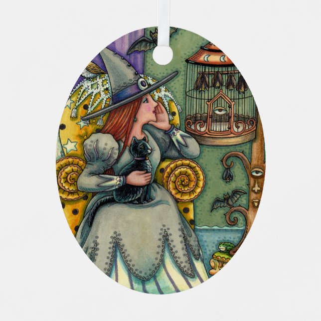 LOVELY WITCH, CAT & HER PETS, BAT CAGE, HALLOWEEN METAL ORNAMENT (Front)