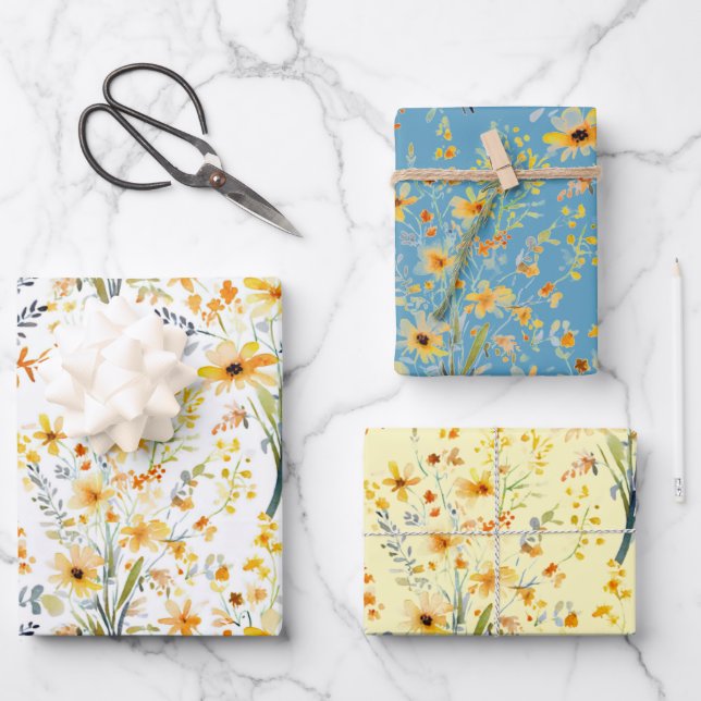 Lovely yellow spring wildflowers wrapping paper sheet (Front)