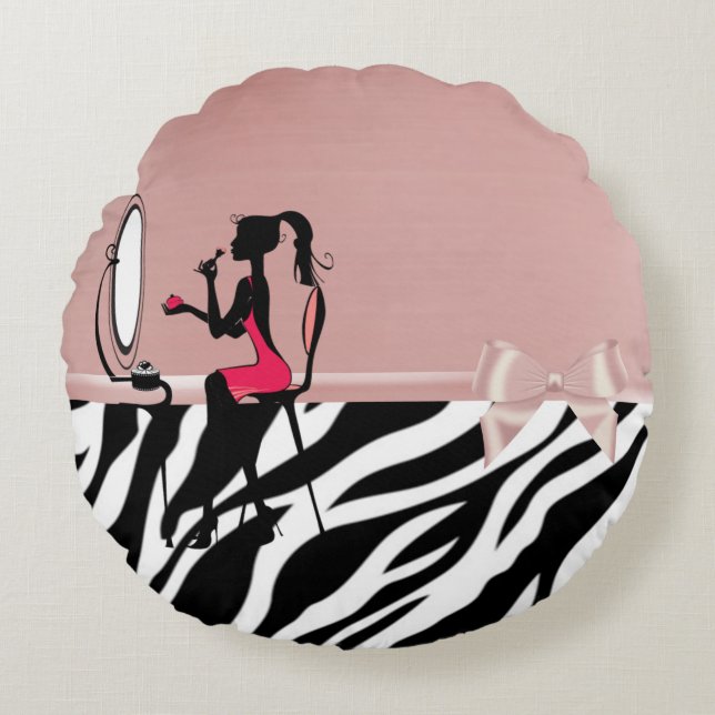 Lovely Zebra Print,Ribbon Bow,Women Silhouette Round Pillow (Front)
