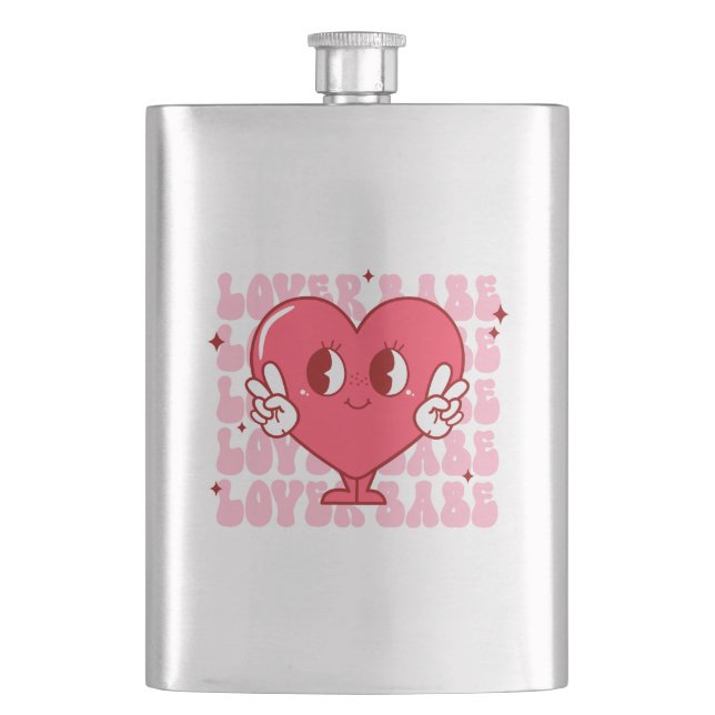 Lover Babe | Cute Smiling Heart & Repeating Text Hip Flask (Front)