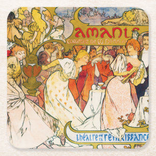 Lovers, Alphonse Mucha Square Paper Coaster