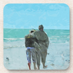 Lovers Anniversary Walk on the Beach Abstract Coaster