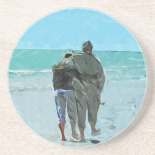 Lovers Anniversary Walk on the Beach Abstract Coaster
