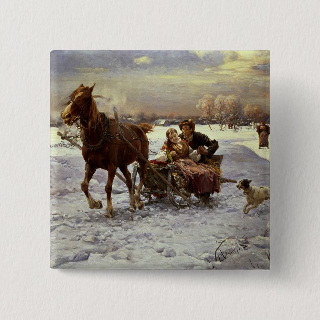 Lovers in a sleigh 2 inch square button (Front)