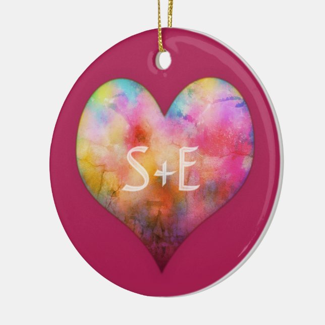Lovers Initials Colourful Distressed Art Heart Ceramic Ornament (Left)