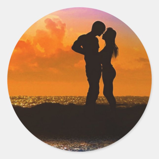 Lovers Kissing at Sunset on the Beach Classic Round Sticker (Front)