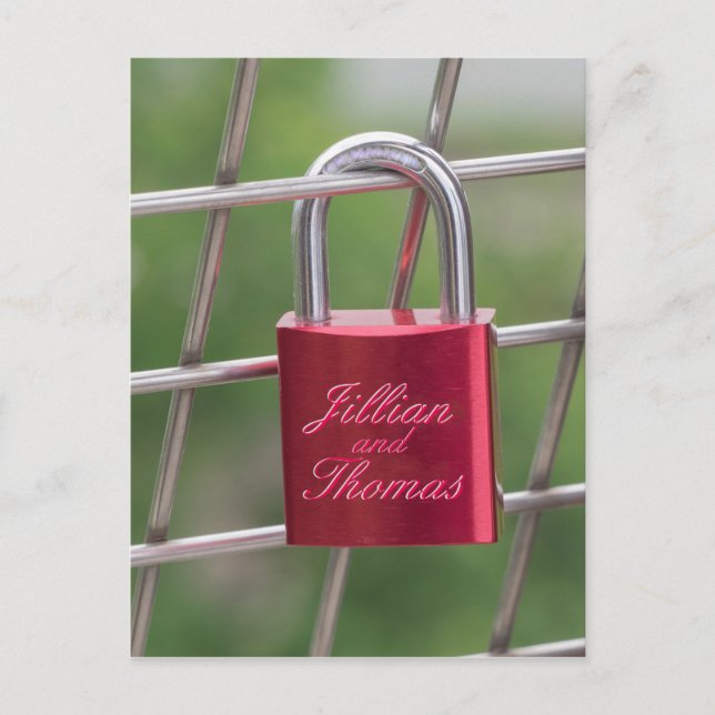 Lovers Padlock Specialized Red Calligraphic Text Postcard (Front)