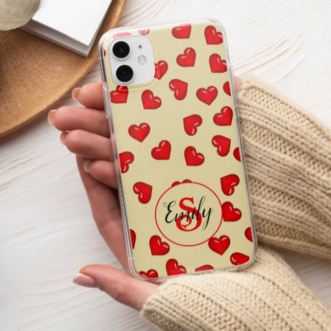 lovers Red heart on classy beige Custom Monogram Case-Mate iPhone Case (Creator Uploaded)