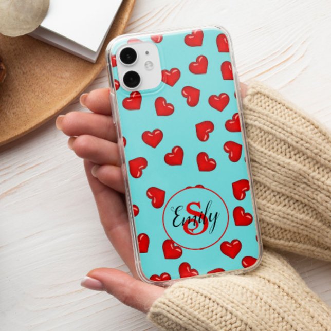 lovers Red heart pattern on Blue Custom Monogram Case-Mate iPhone Case (Creator Uploaded)