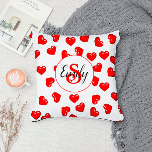 Lovers red heart pattern on white monogrammed throw pillow