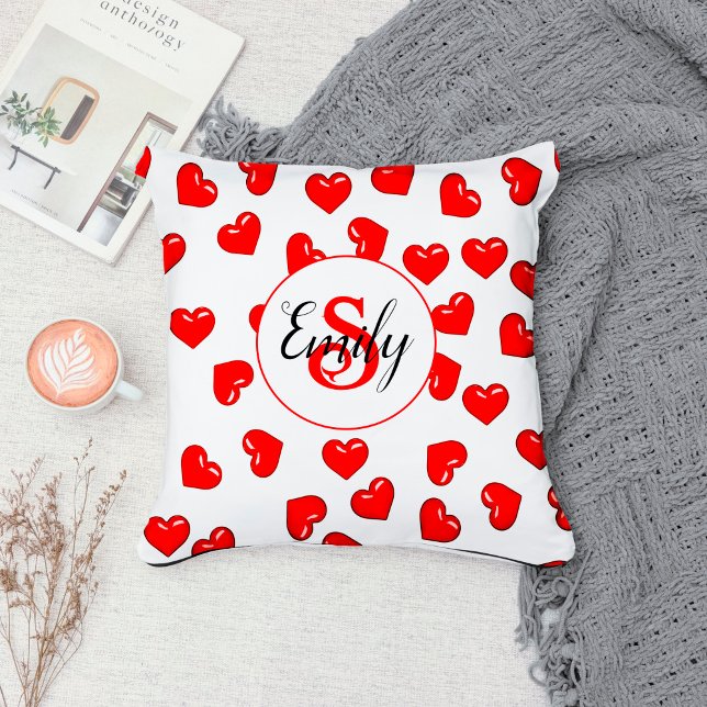 Lovers red heart pattern on white monogrammed throw pillow (Creator Uploaded)