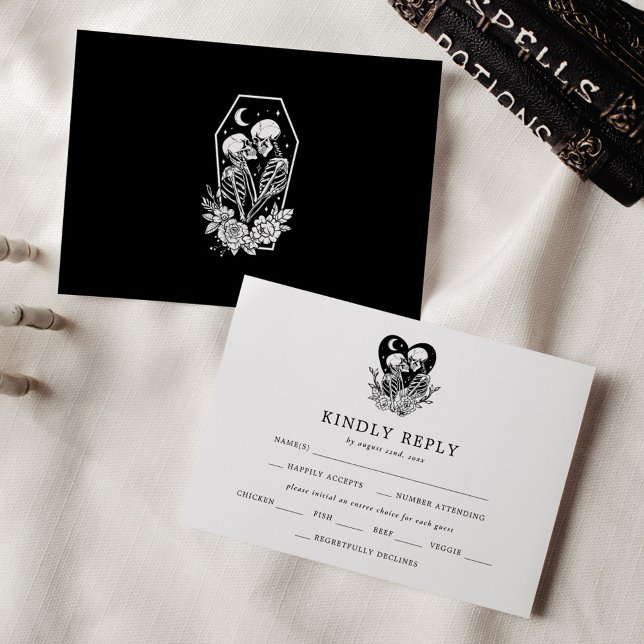 Lovers Until Death Skeletons & Roses Wedding RSVP Invitation (Creator Uploaded)
