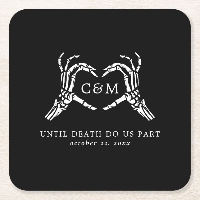 Lovers Until Death Skeletons & Roses Wedding Square Paper Coaster (Front)