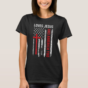 Loves Jesus America Too Flag 4th Of July Christian T-Shirt