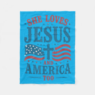 Loves Jesus And Aamerica Too Christian 4th Of July Fleece Blanket