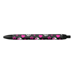 Lovey Goth Skulls in Bright Pink Black Ink Pen