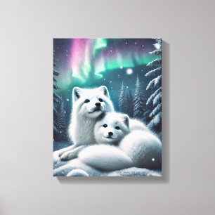 Loving Arctic Foxes Northern Lights Snowy Forest Canvas Print
