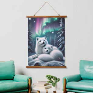 Loving Arctic Foxes Northern Lights Snowy Forest Hanging Tapestry