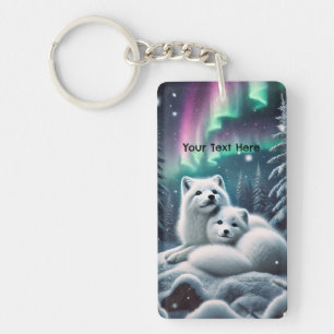 Loving Arctic Foxes Northern Lights Snowy Forest Keychain