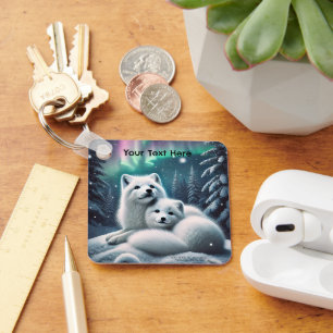 Loving Arctic Foxes Northern Lights Snowy Forest Keychain