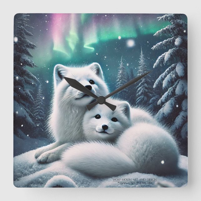 Loving Arctic Foxes Northern Lights Snowy Forest Square Wall Clock (Front)
