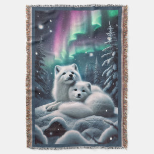 Loving Arctic Foxes Northern Lights Snowy Forest Throw Blanket