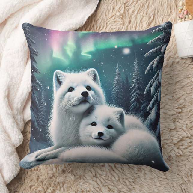 Loving Arctic Foxes Northern Lights Snowy Forest Throw Pillow (Blanket)