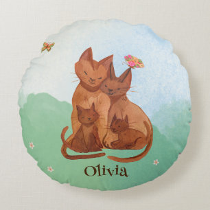 Loving Cat Family Round Pillow