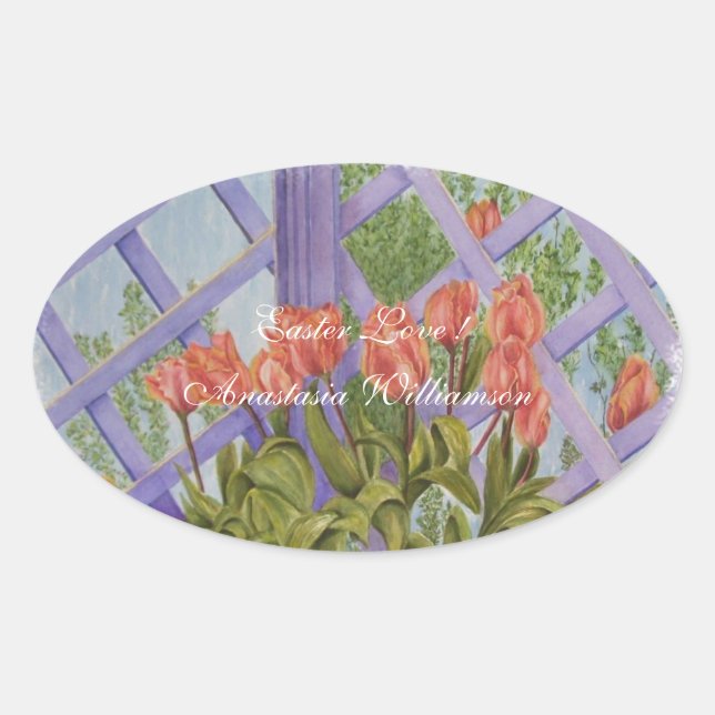 LOVING EASTER ORANGE TULIPS .. OVAL STICKER (Front)