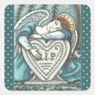 LOVING GUARDIAN ANGEL, CEMETERY MOURNING ART RIP SQUARE STICKER