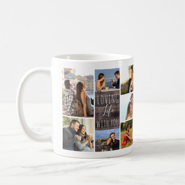 Loving Life With You 14 Photo Collage Wood Panel Coffee Mug (Left)